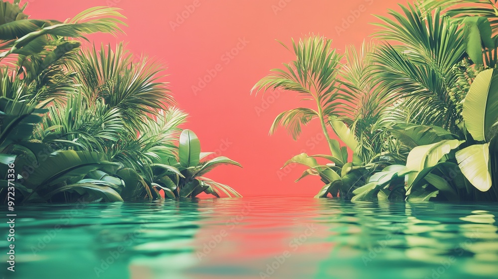 Canvas Prints Tropical gradient blending vibrant coral into lush emerald green, with a rich, saturated texture that captures the essence of a tropical paradise, 4K hyperrealistic photo.