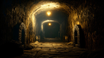 Dark medieval castle dungeon tunnel ,Dark underground corridor in a dungeon with light