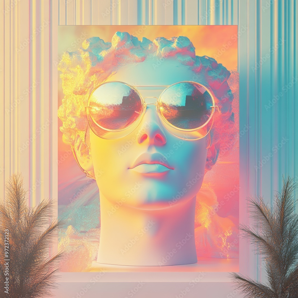 Wall mural sculpture with sunglasses in vintage color palette