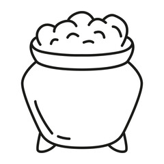 Halloween witch cauldron.Bubbling witch brew.Cauldron with bubbled magic  potion. Trick or treat.Doodle sketch icon. Isolated on white background.Outline vector illustration.