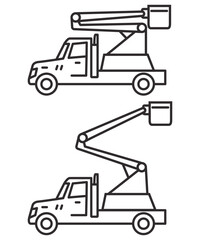 Bucket boom truck.Picker high lift platform.Vector outline illustration.Isolated on white background.Bucket truck line icon.Bucket boom truck side view.Aerial platform.Crane truck with basket.