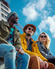 Three stylish friends sitting outdoors, enjoying a sunny urban day.