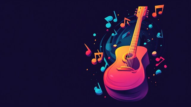 Colorful acoustic guitar with musical notes on dark background.