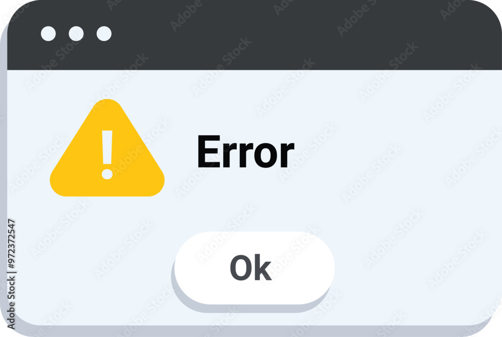 Poster error message window with warning sign and ok button, concept of software bug, system failure, alert