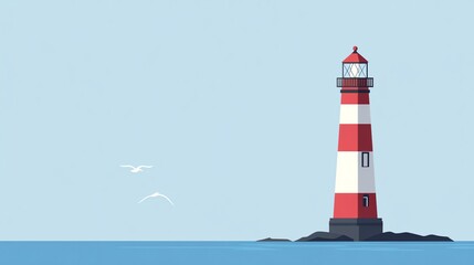 Minimalist illustration of a lighthouse on a rocky island in the sea.