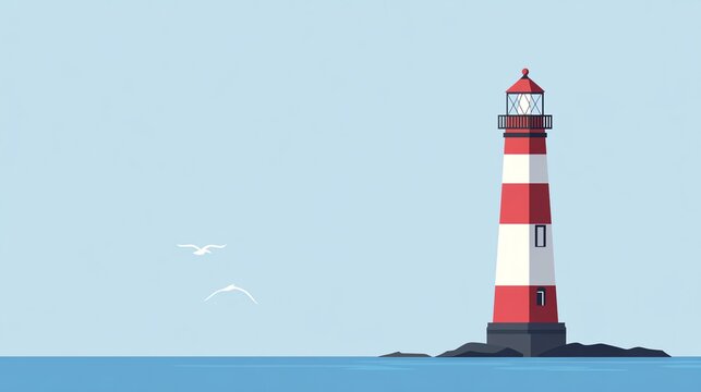 Minimalist illustration of a lighthouse on a rocky island in the sea. - Powered by Adobe
