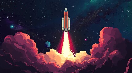 Fototapeta premium A rocket ship blasts off into space from behind clouds.