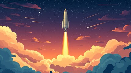 Fototapeta premium A rocket blasts off into a starry night sky.