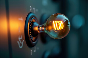 A light bulb is lit up and is on a wall.,