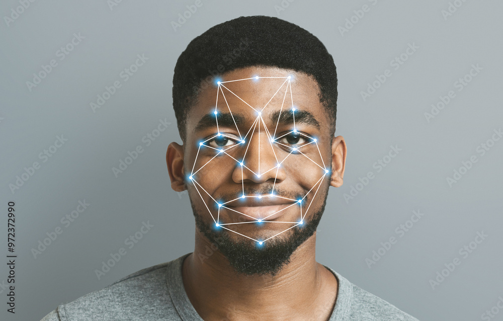 Poster Face detection and recognition of african-american man. Computer vision and artificial intelligence concept