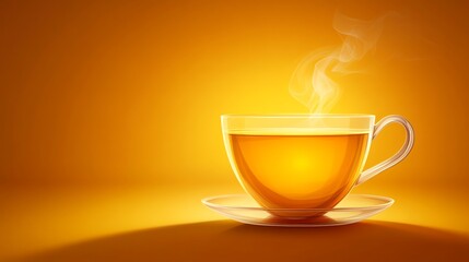 A steaming cup of tea on a saucer against a warm yellow background.