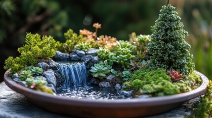 Close-up of a tray garden featuring alpine plants, miniature conifers, and a tiny waterfall decoration, no logos