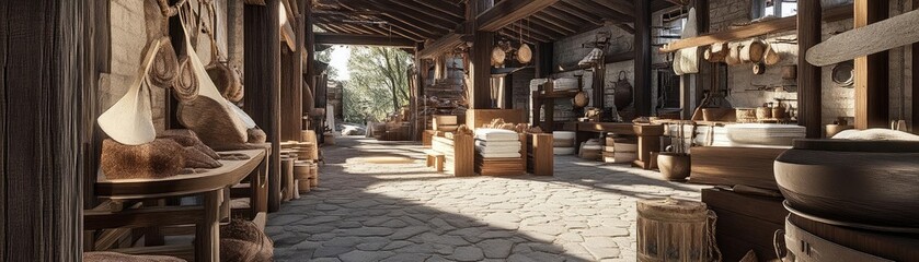 A rustic marketplace filled with handmade crafts, wooden furniture, and natural light, showcasing a warm and inviting atmosphere.