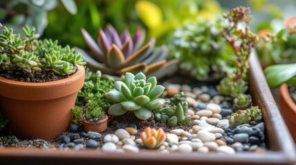 Close-up of a tray garden featuring succulents, a tiny clay pot, and a pebble pathway, creating a miniature landscape, no logos