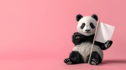 Fototapeta premium Panda with White Flag: A cuddly panda sitting and holding a white flag with one paw. 