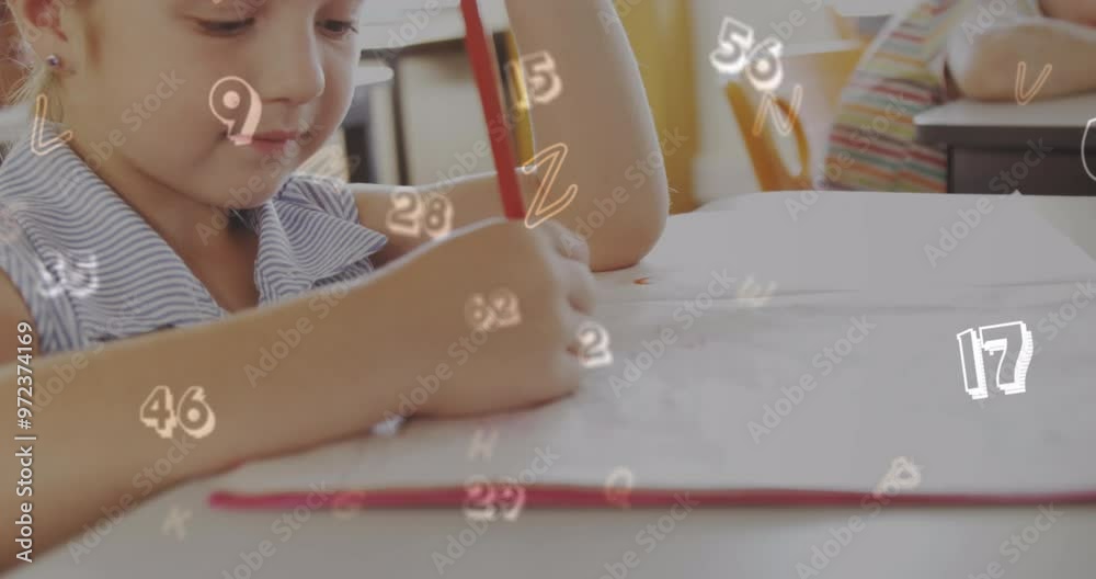 Canvas Prints Animation of numbers over caucasian schoolgirl writing in class