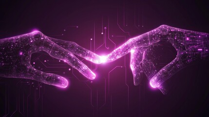 Fototapeta premium Illuminated Connection: Human and Robotic Fingers Touching on Dark Plum Gradient Background with Electric Circuits