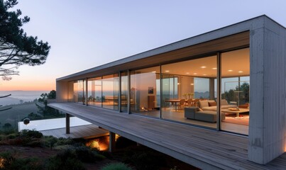 Minimalist Modern House in Pine Forest, Portugal at Dusk