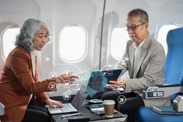 Presenting a business plan, a professional venture capitalist discusses a new startup project, presenting ideas while sitting on a private jet.