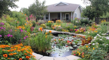 Front yard garden featuring a small pond, aquatic plants, and surrounding flower beds with vibrant colors, no logos