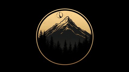 Silhouette of a mountain range with a moon in a golden circle against a black background.