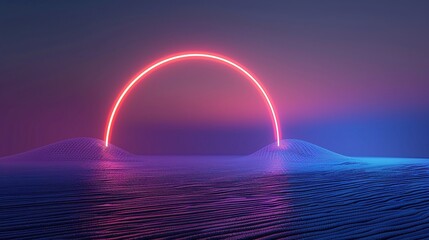 A vibrant neon sunset reflecting over serene waters, creating a peaceful and futuristic atmosphere for inspiration. Product presentation background.