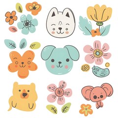 Obraz premium Kawaii doodle icons in pastel colors featuring dogs, flowers, and seeds, simple vector graphics, cute little faces, white background