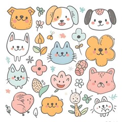 Obraz premium Kawaii icons of dogs, flowers, and seeds, doodle style in pastel colors, simple lines, cute faces on a white background