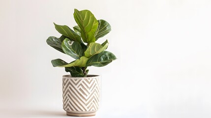 Obraz premium Leafy Fiddle Fig in a geometric patterned pot, positioned on a white background