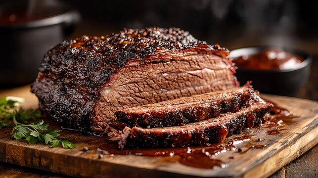 A perfectly smoked beef brisket sliced and presented on a wooden board, displaying the charred crust and juicy inside