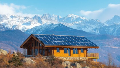 Wooden Cabin with Solar Panels Against a Snowy Mountain Range