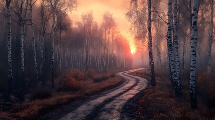 Obraz premium The road is lined with birch trees, the sunset's glow illuminates the autumn leaves on the ground