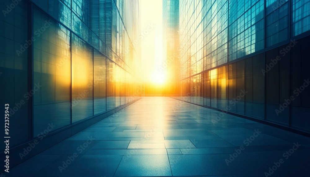 Wall mural Sunlit Alleyway Between Modern Glass Buildings