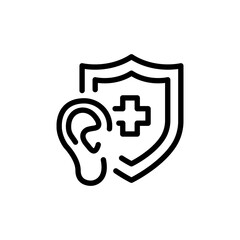 Protection human ear icon, medical shield with ear, protect your hearing, thin line symbol on white background