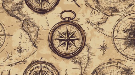 Vintage illustration of compasses and maps.