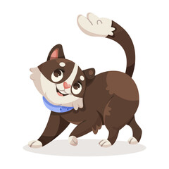 Adorable cartoon cat with a blue collar smiling and looking playful. Drawn in a colorful and friendly graphic style. White background. Concept of pets and happiness. Vector illustration