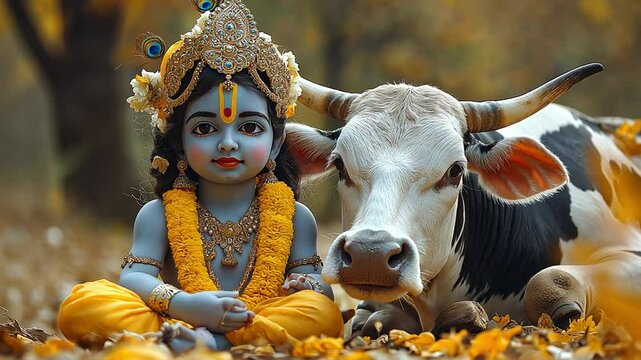 Indian religions, including Hinduism, celebrate devotional occasions like this one where this adorable little Krishna is holding the holy cow.
