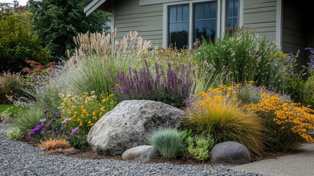 Front yard garden with native grasses, flowering perennials, and a small boulder arrangement, naturalistic style, no logos