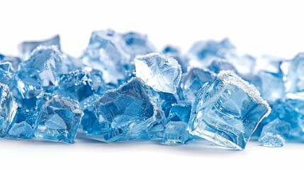 Close-Up of Clear Ice Cubes with Blue Crystals on White Background, Creating a Frosty Winter Atmosphere