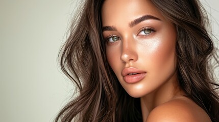 Fototapeta premium A striking close-up portrait of a young woman with wavy brown hair and glowing, flawless skin. Her soft green eyes and subtle makeup enhance her natural beauty