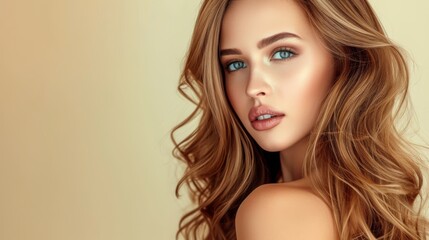 Naklejka premium Stunning close-up portrait of young woman with wavy, light brown hair and piercing blue eyes. Her flawless makeup and glowing skin are accentuated by soft lighting, while the warm, neutral background