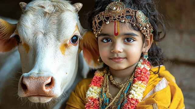 Indian religions, including Hinduism, celebrate devotional occasions like this one where this adorable little Krishna is holding the holy cow.