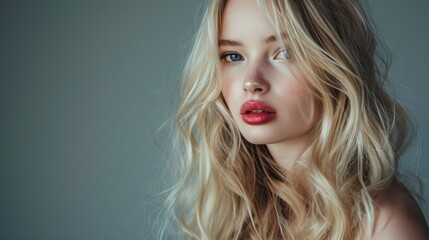 Fototapeta premium Portrait of a young woman with wavy blonde hair, striking blue eyes, and bold red lips. Her flawless complexion is softly illuminated, creating a delicate contrast against the dark, neutral background