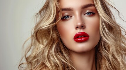 Fototapeta premium A striking close-up portrait of a young woman with flowing blonde hair and bold red lips. Her flawless makeup, featuring shimmery eyeshadow and perfectly arched brows, complements her glowing skin