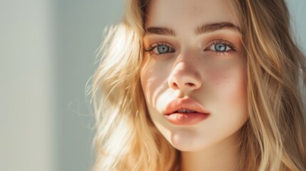 Fototapeta premium A close-up portrait of a young woman with soft blonde hair and blue eyes, bathed in natural light. Her minimal makeup accentuates her radiant complexion and full lips, while delicate shadows