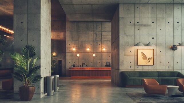 Brutalist hotel lobby with raw concrete walls, industrial lighting, and minimalistic, utilitarian furnishings, creating a cold, impersonal atmosphere. 4K hyperrealistic photo.