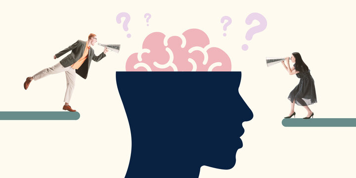 Man and woman looking and shouting into megaphone on brain, overload of information, importance of clarifying thoughts. Contemporary art collage. Concept of psychology, mental health