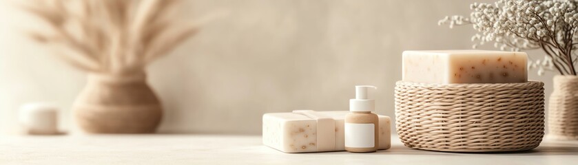 A serene display of natural bath products, including soap, essential oil, and decorative elements, perfect for relaxation.