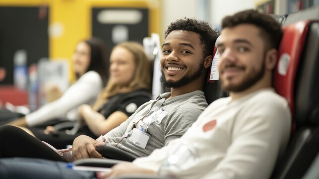 Donors sitting comfortably and chatting during a blood donation event with staff