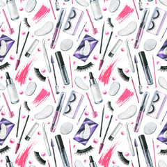 Decorative and personal care cosmetics in black and pink, jars, brushes, smears. Hand drawn watercolor illustration. Seamless pattern on a white background for the beauty industry, design.